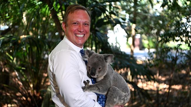 Acting Queensland Premier Steven Miles holds Spoon the koala after announcing funding to deliver koala threat management initiatives, on National Threatened Species Day at the Lone Pine Koala Sanctuary. Picture: Dan Peled / NCA NewsWire