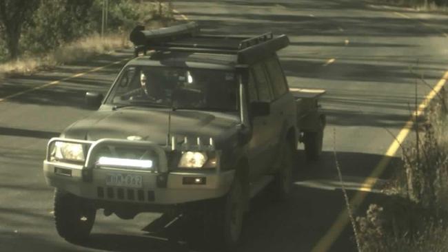 Lynn's Nissan Patrol and trailer were snapped travelling along the Great Alpine Rd at 9.48am on March 21, 2020. Picture: Supplied/ Supreme Court of Victoria