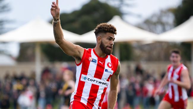 North excitement machine Nigel Lockyer Jnr celebrates one of his four goals against Glenelg. Picture: Morgan Sette