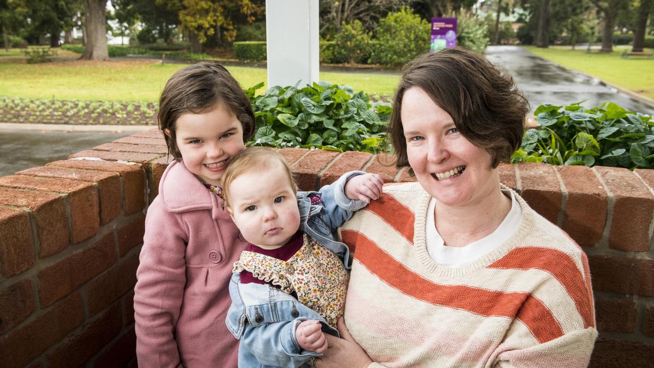 Toowoomba mother Louise Delahunty, pictured with her daughters four-year-old Winnie (left) and nine-month-old Dot, would like to see more activities at the library for her family. Picture: Kevin Farmer