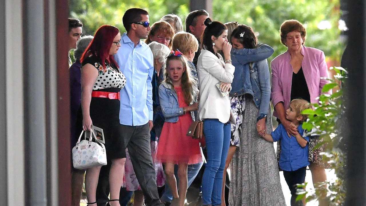 Family and friends are seen at the funeral for Indie Armstrong at the Gregson and Weight funeral chapel at Buderim on the Sunshine Coast, Thursday, July 5, 2018. Picture: DARREN ENGLAND