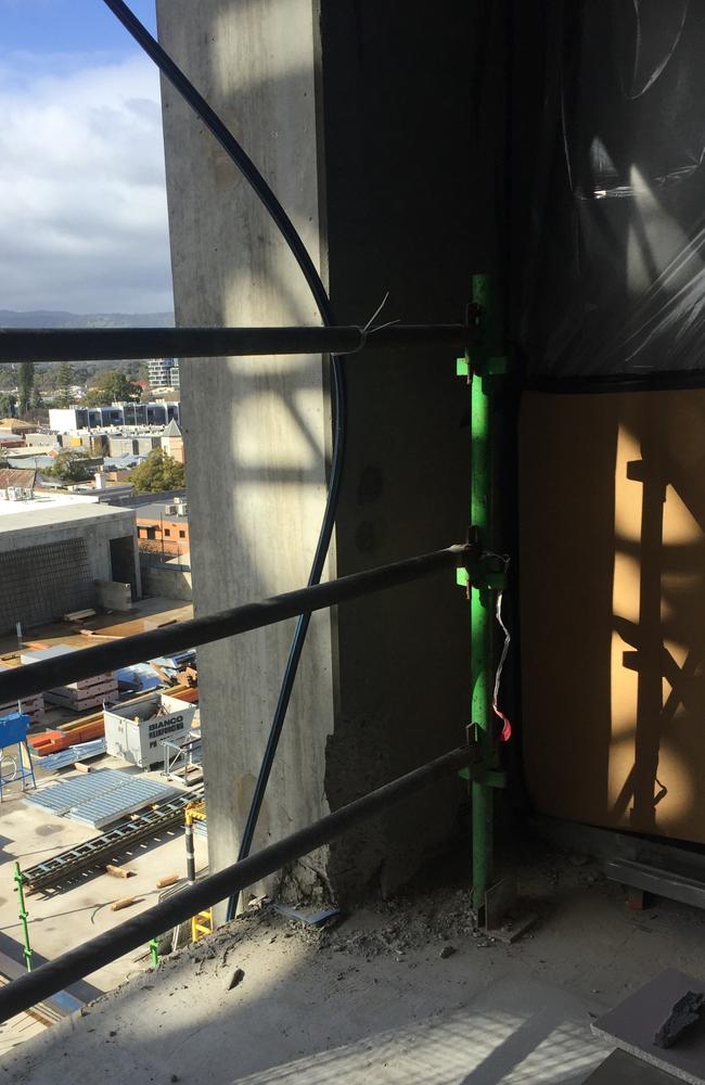 The damaged concrete column on the Kodo apartment building, which forced evacuation of the site last Friday. Picture supplied by CFMMEU