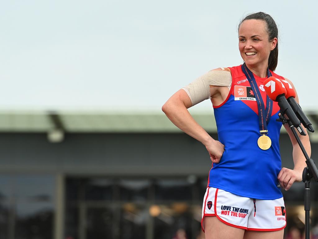 Melbourne Demons captain Daisy Pearce speaks after the 2022 premiership. Picture: Albert Perez/AFL Photos/Getty Images.