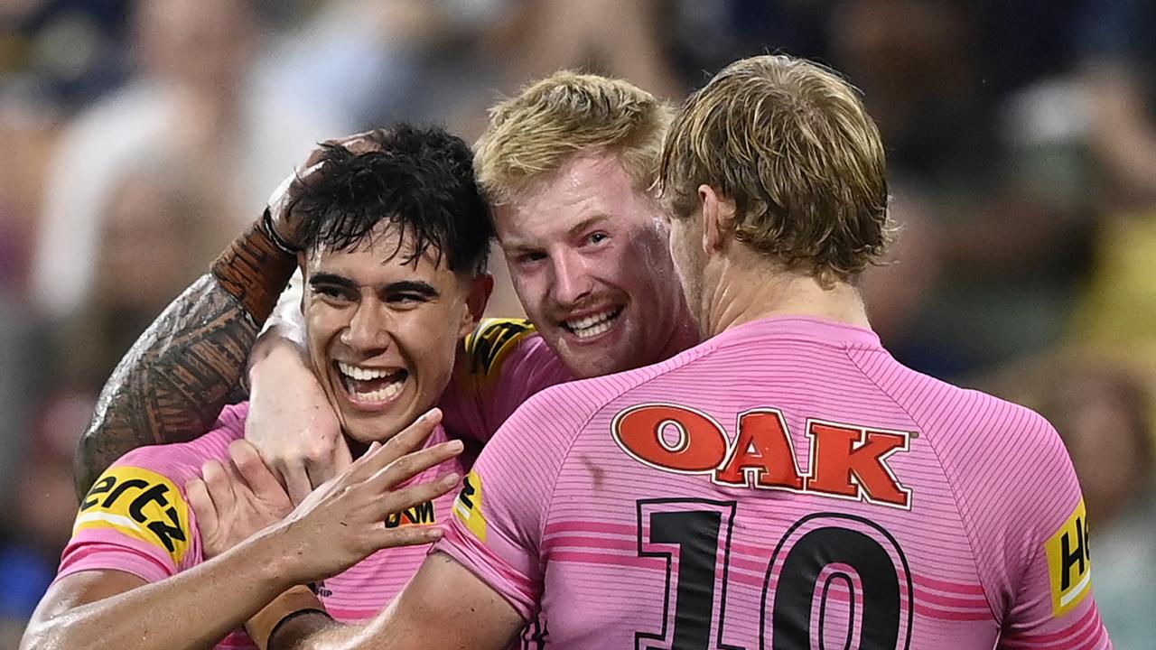 Talagi set up four tries against the Cowboys in his best game for the Panthers. Picture: Ian Hitchcock/Getty Images
