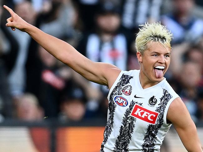 *APAC Sports Pictures of the Week - 2022, May 2* - MELBOURNE, AUSTRALIA - APRIL 25: Jack Ginnivan of the Magpies celebrates kicking a goal during the round six AFL match between the Essendon Bombers and the Collingwood Magpies at Melbourne Cricket Ground on April 25, 2022 in Melbourne, Australia. (Photo by Quinn Rooney/Getty Images)