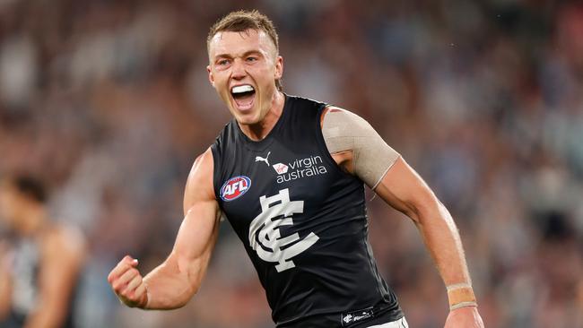 Patrick Cripps celebrates slotting a late goal for the Blues. Picture: Michael Willson/AFL Photos/Getty Images