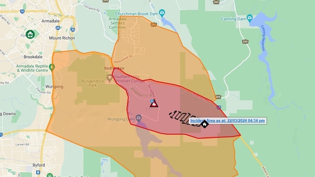 A bushfire continues to burn in Perth’s southeast. Picture: Department of Fire and Emergency