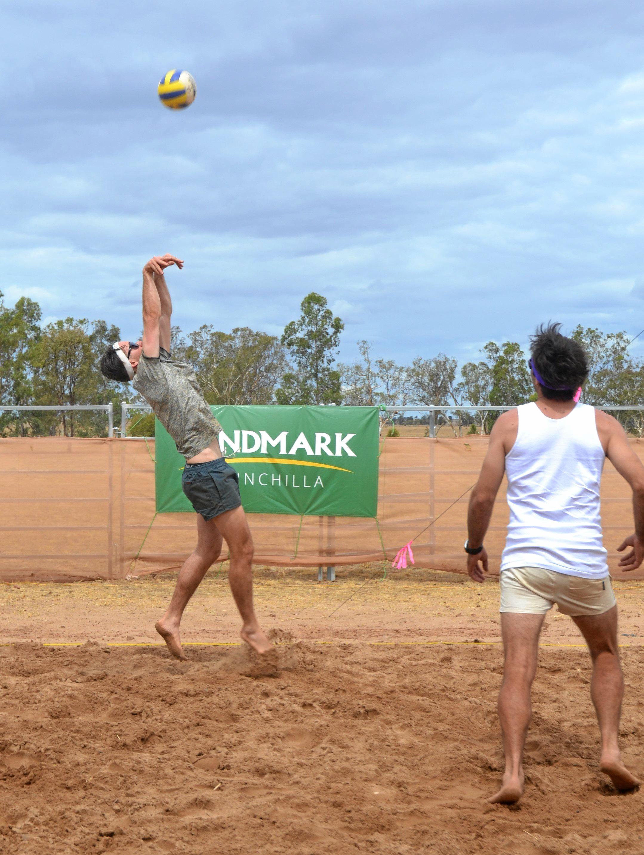 Ryan McGrath setting it up at the Dulacca Sports Club annual Bush Beach Volleyball tournament. Picture: Kate McCormack