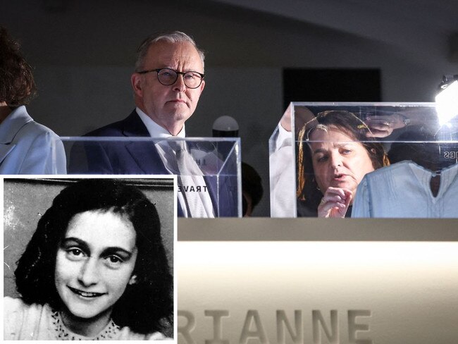 Prime Minister Anthony Albanese reacts as he is shown exhibits at the Sydney Jewish Museum; Annelies Marie "Anne" Frank was a German-born diarist.