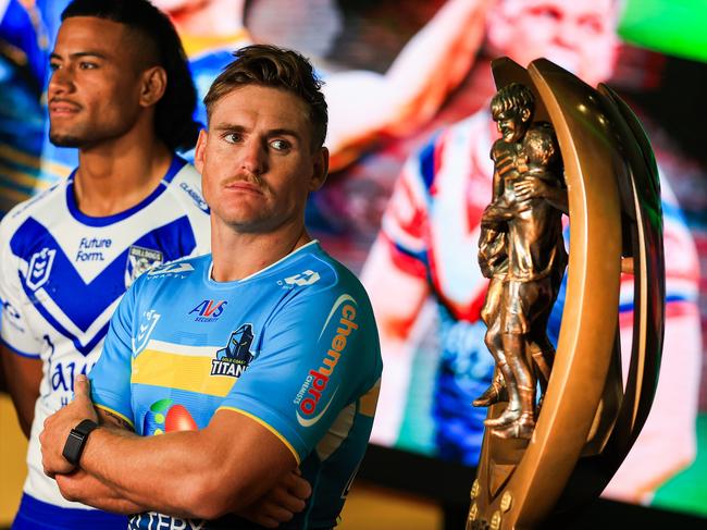 SYDNEY, AUSTRALIA - MARCH 01: AJ Brimson of the Gold Coast Titans looks on during the NRL Telstra Premiership 2024 Season Launch at Telstra HQ on March 01, 2024 in Sydney, Australia. (Photo by Mark Evans/Getty Images)