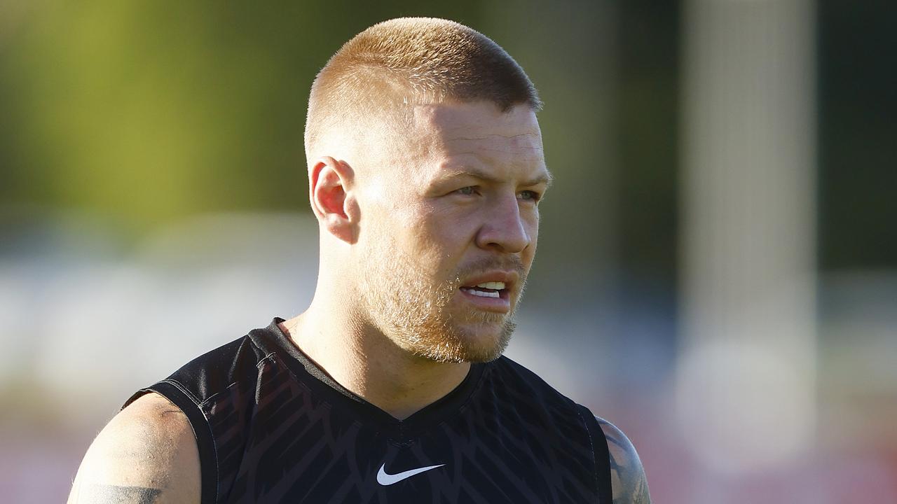 MELBOURNE, AUSTRALIA - FEBRUARY 12: Jordan De Goey of the Magpies looks on during a Collingwood Magpies AFL training session at Holden Centre on February 12, 2022 in Melbourne, Australia. (Photo by Mike Owen/Getty Images)