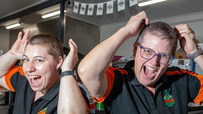 TOP CUT: Zandalee Kunde and Tanya Hooper of Hooper's Grantham Store are close to raising $10,000 after shaving their hair for charity. Picture: Dominic Elsome