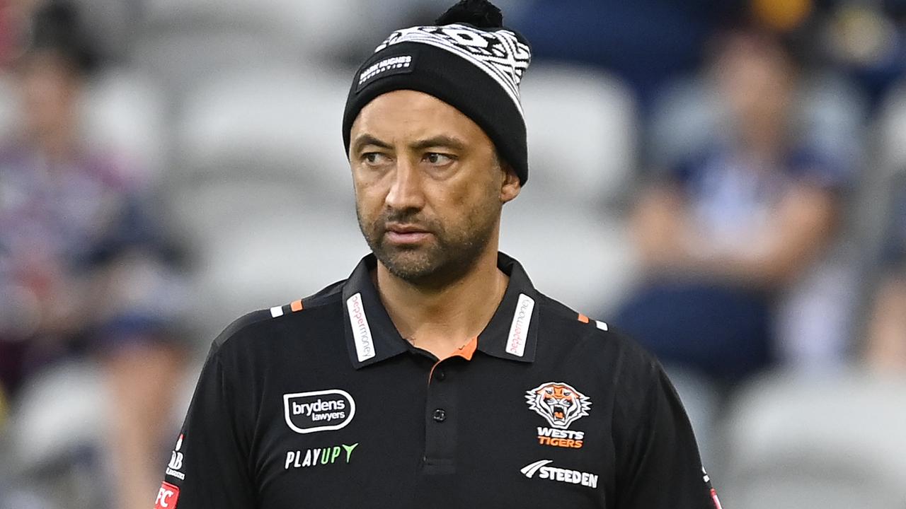 TOWNSVILLE, AUSTRALIA - JULY 01: Tigers assistant coach Benji Marshall looks on before the start of the round 18 NRL match between North Queensland Cowboys and Wests Tigers at Qld Country Bank Stadium on July 01, 2023 in Townsville, Australia. (Photo by Ian Hitchcock/Getty Images)
