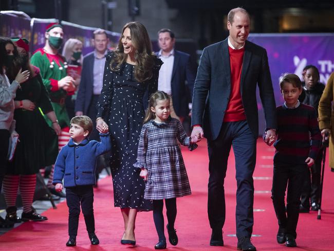 Prince William and Kate Middleton with their children, Prince Louis, Princess Charlotte and Prince George, attend a special pantomime in London. Picture: Getty Images