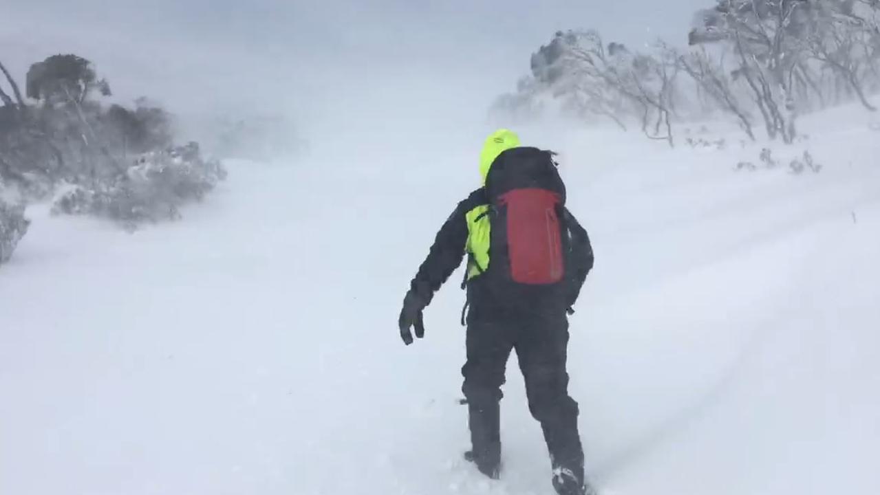 A Tasmania Police rescuer battles blizzard conditions at the top of kunanyi/Mt Wellington.