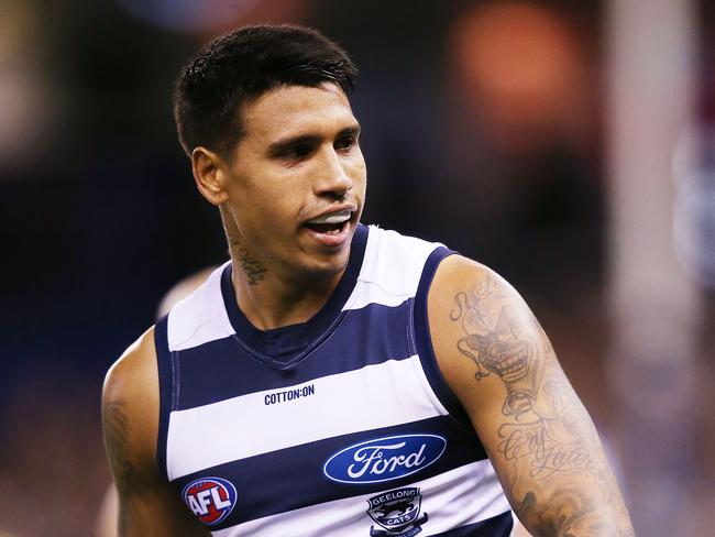 MELBOURNE, AUSTRALIA - MAY 12: Tim Kelly of the Cats celebrates a goal at the crowd during the round eight AFL match between the North Melbourne Kangaroos and the Geelong Cats at Marvel Stadium on May 12, 2019 in Melbourne, Australia. (Photo by Michael Dodge/Getty Images)