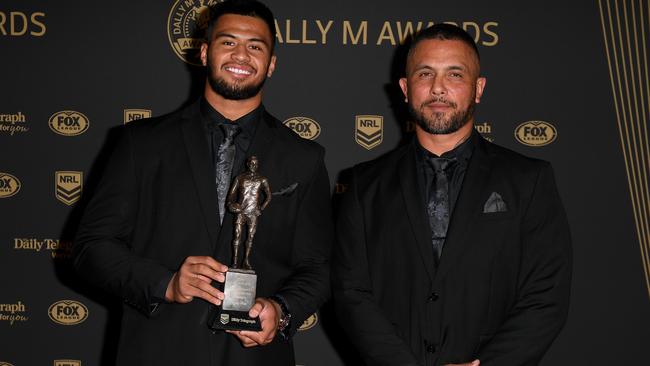 Brisbane Broncos player Payne Haas, left, and father Gregor Haas at the 2019 Dally M Awards in Sydney. Picture: AAP Image/Dan Himbrechts