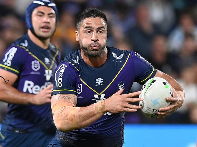 SUNSHINE COAST, AUSTRALIA - SEPTEMBER 10: Jesse Bromwich of the Storm is tackled during the NRL Qualifying Final between the Melbourne Storm and the Manly Warringah Sea Eagles at Sunshine Coast Stadium on September 10, 2021, in Sunshine Coast, Australia. (Photo by Bradley Kanaris/Getty Images)