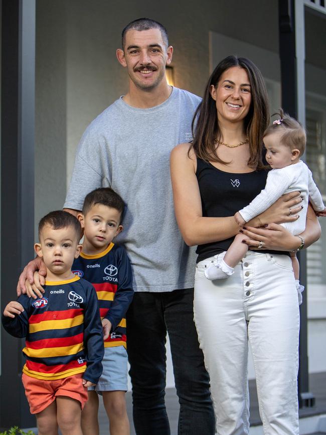 Taylor Walker, wife Ellie and children Hugo, Louis, and Hattie. Picture: Emma Brasier