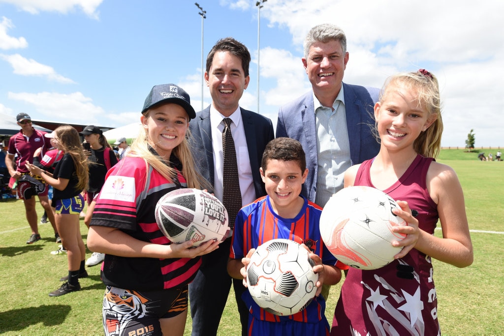 Opening of new Fraser Coast Sports Precinct - Mayor George Seymour and Min. Stirling Hinchliffe with Jasmine Gerchow (oztag), Jude Budby (football) and Addyson Frainey (netball). Picture: Alistair Brightman