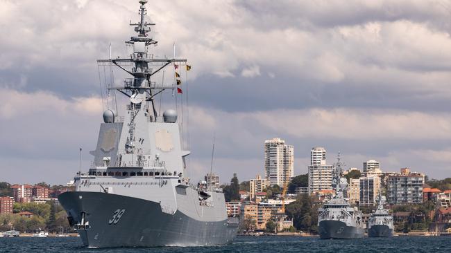 HMAS Hobart leads HMA Ships Stuart and Parramatta out of Sydney Harbour for their Maritime East Asia Deployment. Picture: Defence