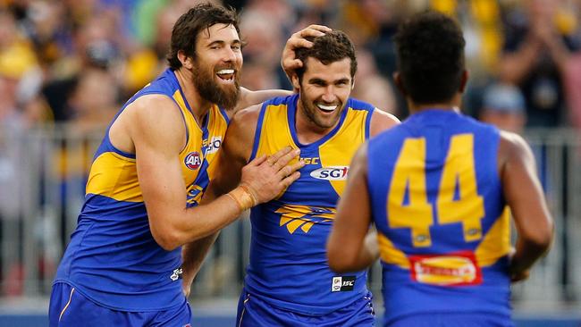 Josh Kennedy congratulates Jack Darling on a goal.