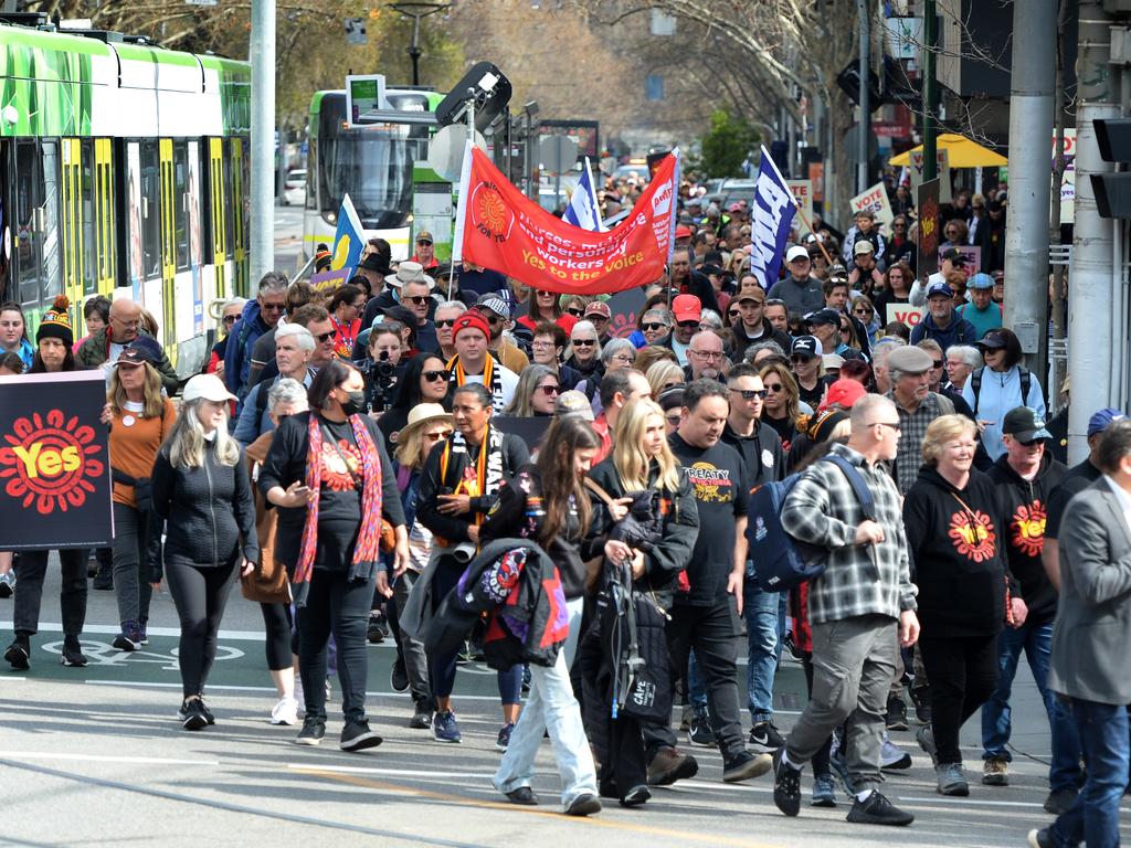 Hundreds of supporters participate in the Long Walk from Melbourne to Canberra to support the Yes campaign for constitutional recognition of Aboriginal and Torres Strait Islander people through a Voice. Picture: NCA NewsWire / Andrew Henshaw