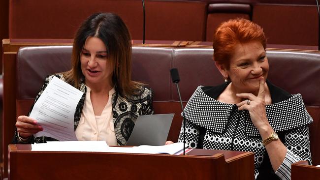 Jacqui Lambie Network Senator Jacqui Lambie and One Nation leader Senator Pauline Hanson before the vote on the Ensuring Integrity Bill. Picture: AAP