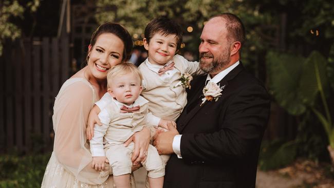 The wedding of Emily Prain and Damien Tomlinson with their sons Emmett (left) and Teddie (right). Pictures: Matthew Evans Photography