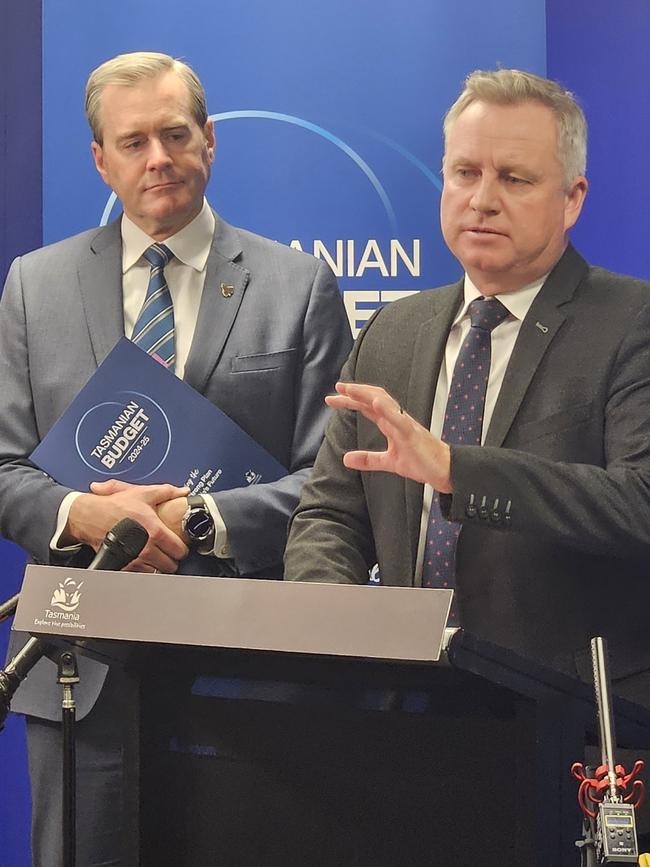 Treasurer Michael Ferguson and Premier Jeremy Rockliff discuss the 2024/25 Budget with reporters at the Executive Building in Hobart on Thursday, September 12, 2024.