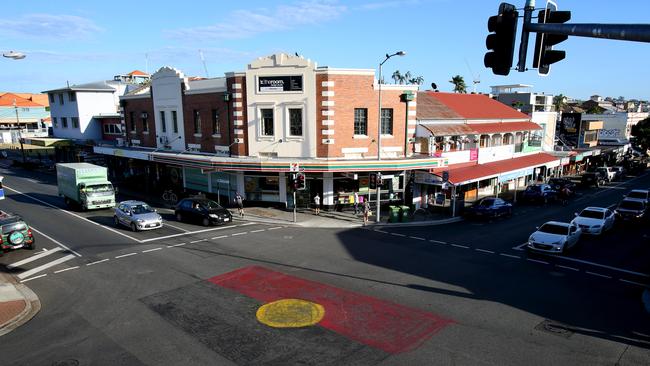 The landmark Aboriginal flag painted on the road at the intersection of Vulture Street Boundary Street, West End. Picture: Renae Droop