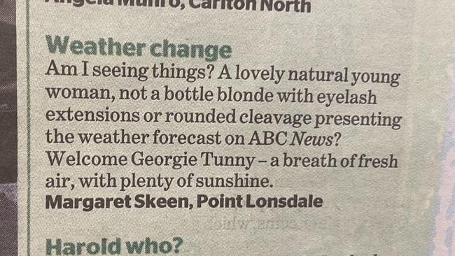 An unpleasant reader letter published in The Age today attacking the appearance of female weather presenters.