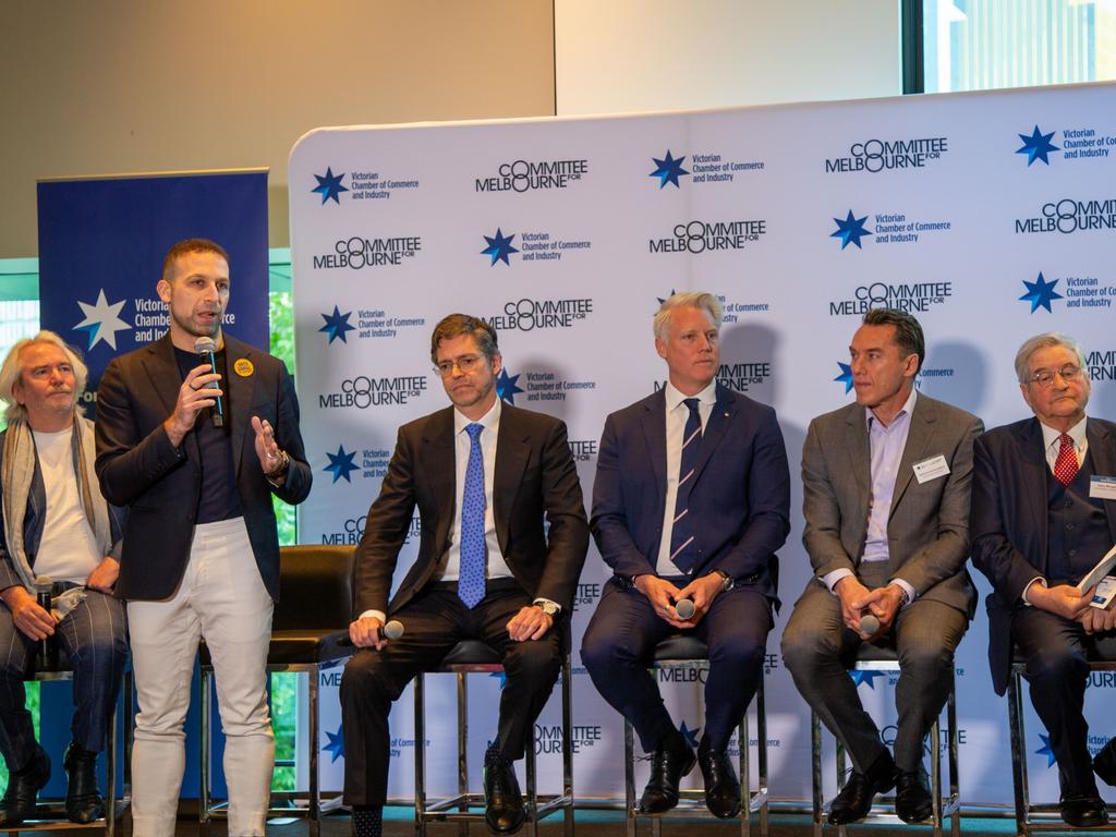 Melbourne lord mayoral candidates Phil Reed, Jamal Hakim, Lord Mayor Nick Reece, Arron Wood, Anthony Koutoufides amd Gary Morgan. Picture: Jessica Hooper