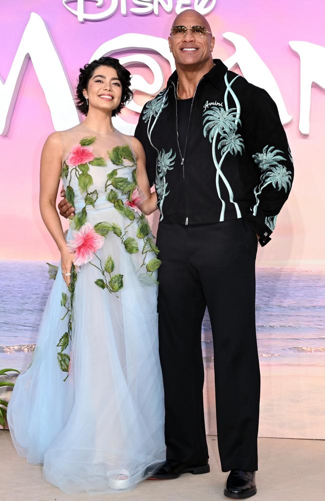 ‘Moana 2’ co-stars Auli’i Cravalho and Dwayne Johnson pose together at the attend the movie’s London premiere. Picture: Kate Green/Getty Images