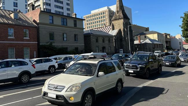 Traffic on Davey St following a truck rollover on the Tasman Bridge. 16 Jan 2023. Picture: supplied