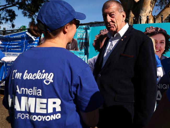 Former Victorian premier Jeff Kennett greets supporters at Kew Primary School. Picture: Getty Images