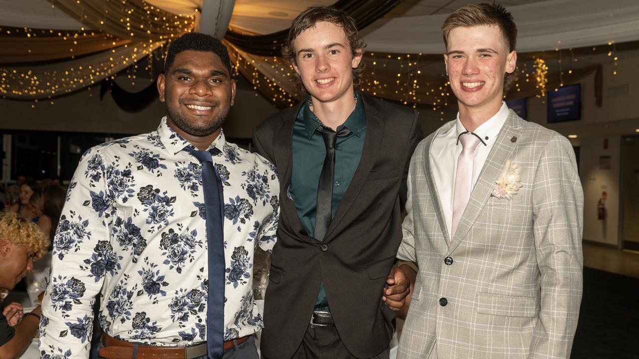 James Kelleher, Ryan Thomsett and Lleyton Canning at Sarina State High School Year 12 Formal Wednesday 16 November 2022. Picture: Michaela Harlow