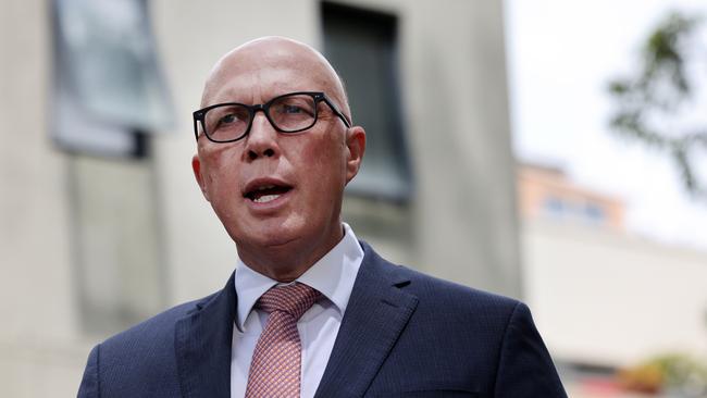 Opposition leader Peter Dutton addresses the media outside the Mizrachi Synagogue, Bondi. Picture: Richard Dobson