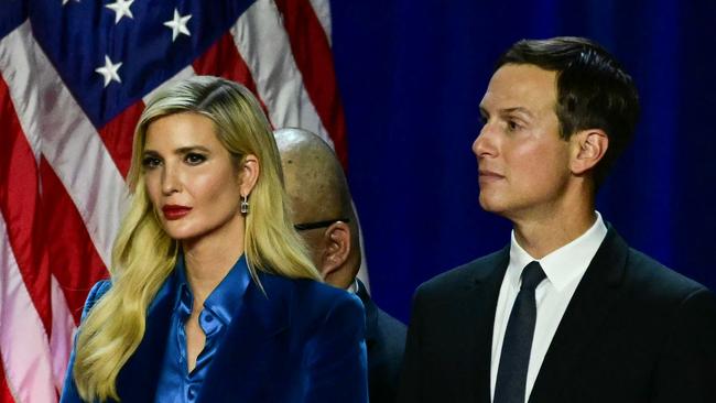 Ivanka Trump and her husband Jared Kushner listen to her father Donald Trump speak after declaring victory on election night. Picture: AFP.