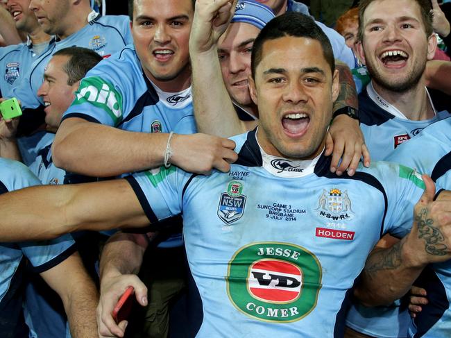 NSW Josh Reynolds, Jarryd Hayne and James Tamou with fans at the end of game 3 of the 2014 Origin series between the NSW Blues and Queensland Maroons at Suncorp Stadium.Picture Gregg Porteous