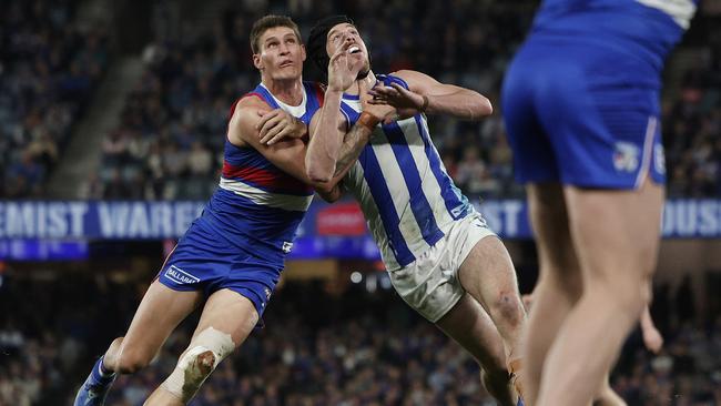 Rory Lobb battles Tristan Xerri. Picture: Daniel Pockett / Getty Images