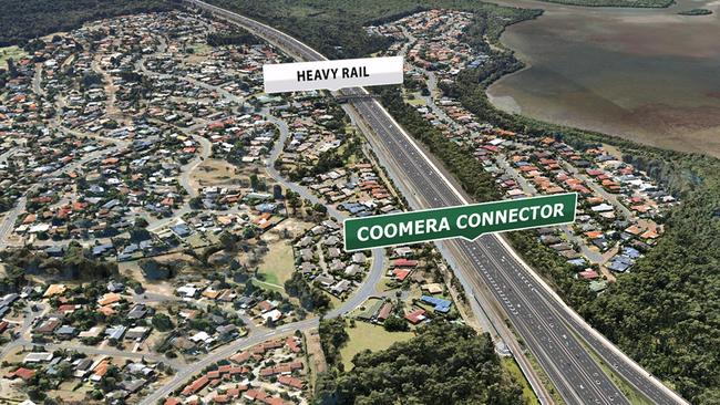 Plans for the Coomera Connector - the heavy rail sign shows where the link is planned to The Shores at Helensvale.