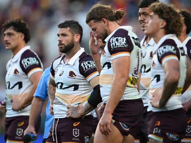 GOLD COAST, AUSTRALIA - AUGUST 03: Adam Reynolds of the Broncos looks dejected during the round 22 NRL match between Gold Coast Titans and Brisbane Broncos at Cbus Super Stadium, on August 03, 2024, in Gold Coast, Australia. (Photo by Matt Roberts/Getty Images)