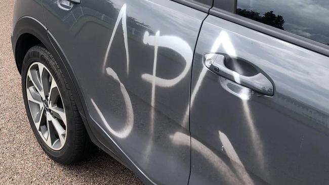 Residents of a Milner, Darwin, have been left reeling after a number of cars in their area were vandalised with spray paint on March 9, 2025. Picture: Facebook