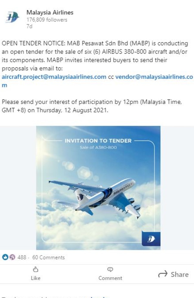 Malaysia Airlines' parent company launched the tender for sale on LinkedIn.