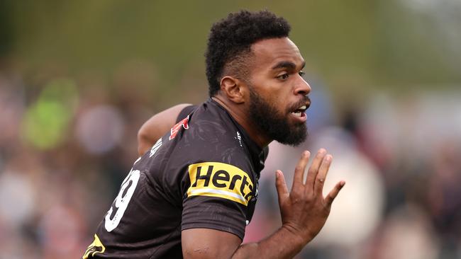 BATHURST, AUSTRALIA - APRIL 20:  Sunia Turuva of the Panthers warms up before the round seven NRL match between Penrith Panthers and Wests Tigers at Carrington Park on April 20, 2024, in Bathurst, Australia. (Photo by Cameron Spencer/Getty Images)