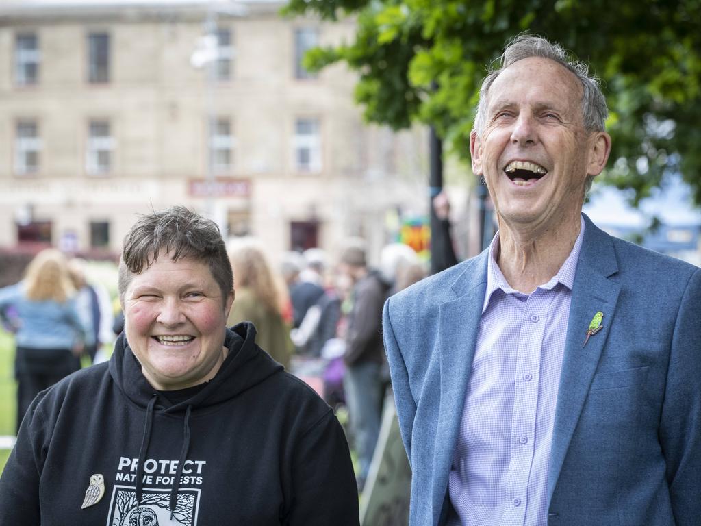 Bob Brown with Colette Harmsen, after her release from a three-month jail term. Picture: Chris Kidd