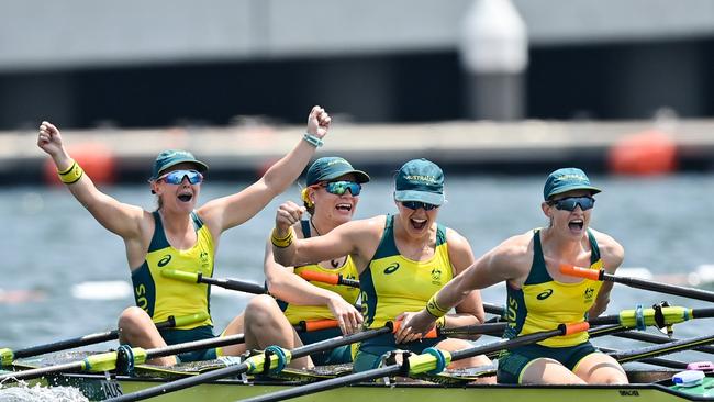 Tokyo , Japan - 28 July 2021; Australia rowers, from left, Ria Thompson, Rowena Meridith, Harriet Hudson and Caitlin Cronin celebrate after finishing 3rd place in the Women's Quadruple Sculls Final A at the Sea Forest Waterway during the 2020 Tokyo Summer Olympic Games in Tokyo, Japan. (Photo By Seb Daly/Sportsfile via Getty Images)