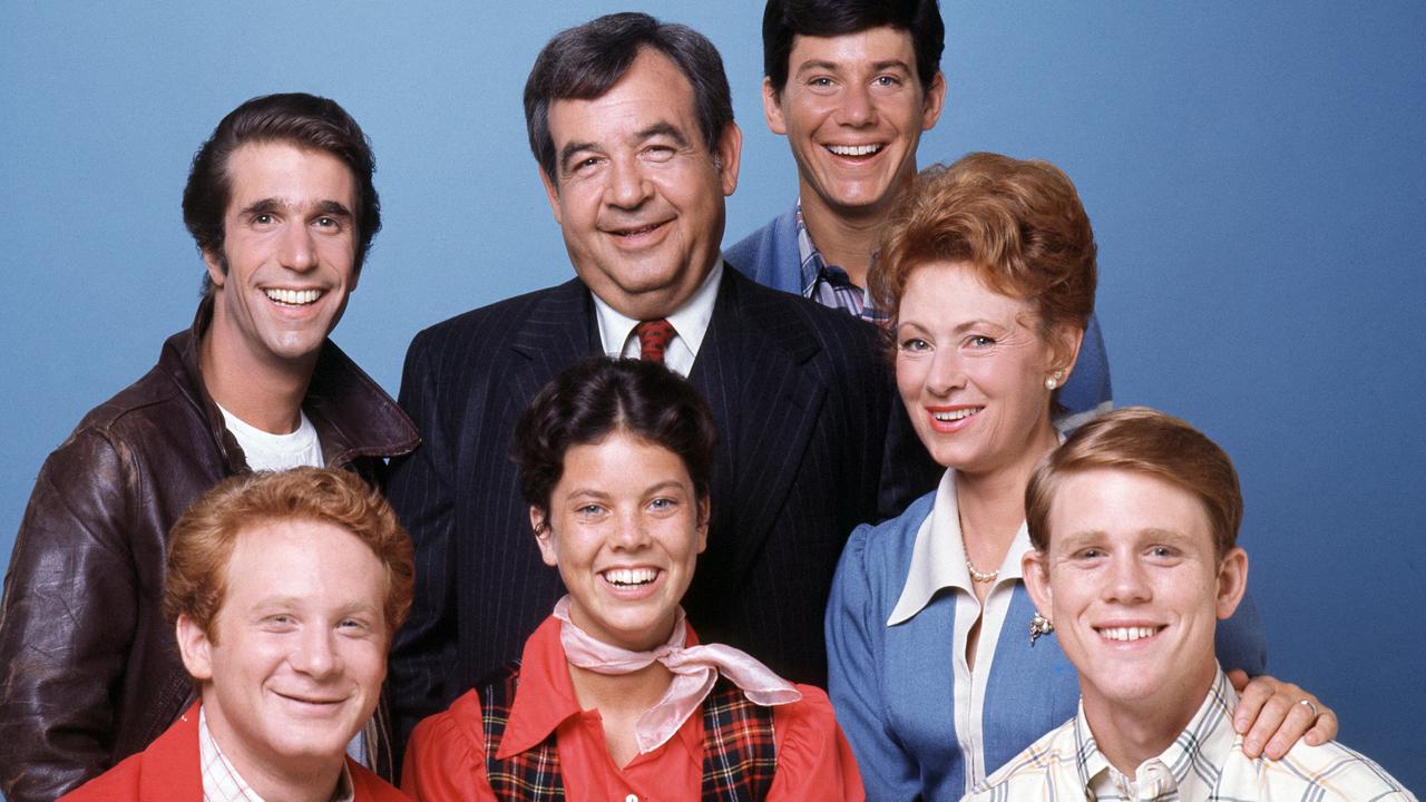 The cast of Happy Days (l-r) Henry Winkler (Fonzie), Tom Bosley (Howard), Anson Williams (Potsie), Marion Ross (Marion); bottom row, left: Donny Most (Ralph), Erin Moran (Joanie), Ron Howard (Richie). Picture: ABC Photo Archives/ABC via Getty Images