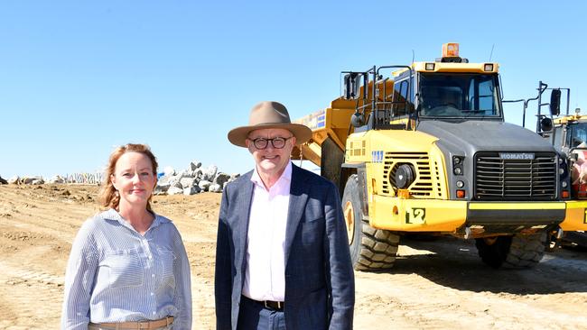 Townsville Port CEO Ranee Crosby with Prime Minister Anthony Albanese looked at reclaimed land at Townsville Port. Picture: Evan Morgan